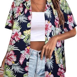 Women Tropical Floral V Neck Button Up Tshirt